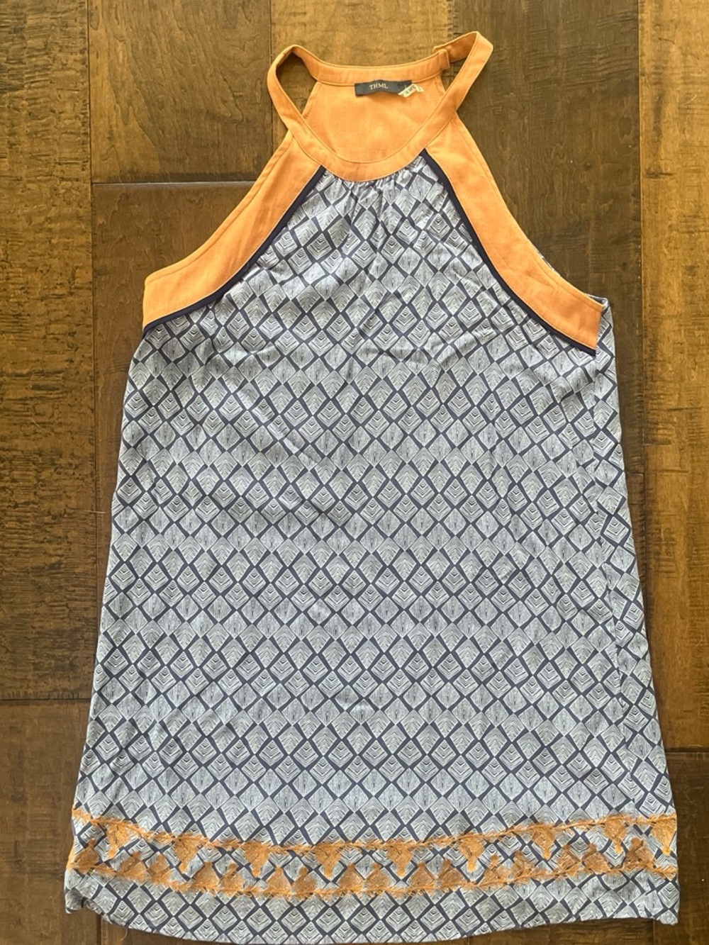 THML geometric print blue rayon mini shift dress with halter neck Sz. Large